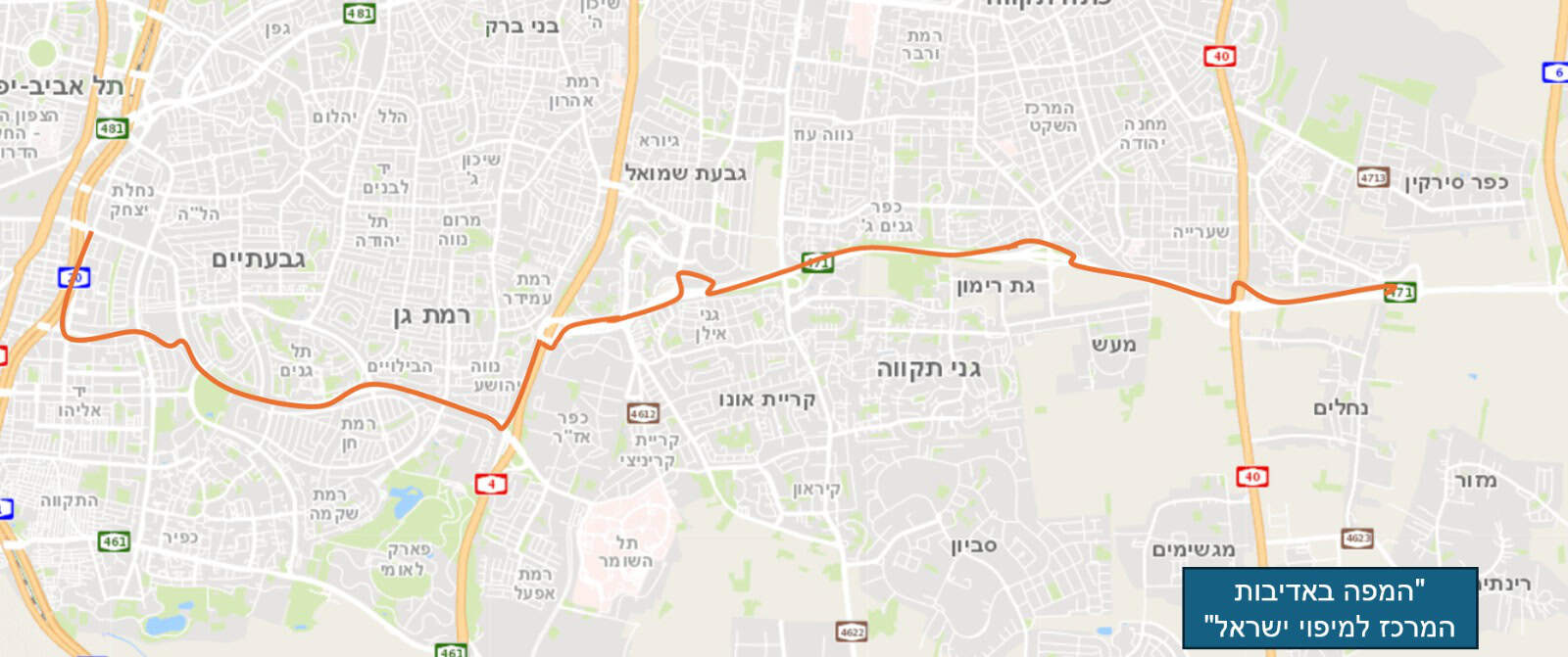 שביל שדה המתוכנן. מתחנת רכבת השלום ועד כמעט כביש 6 | המפה באדיבות המרכז למיפוי ישראל