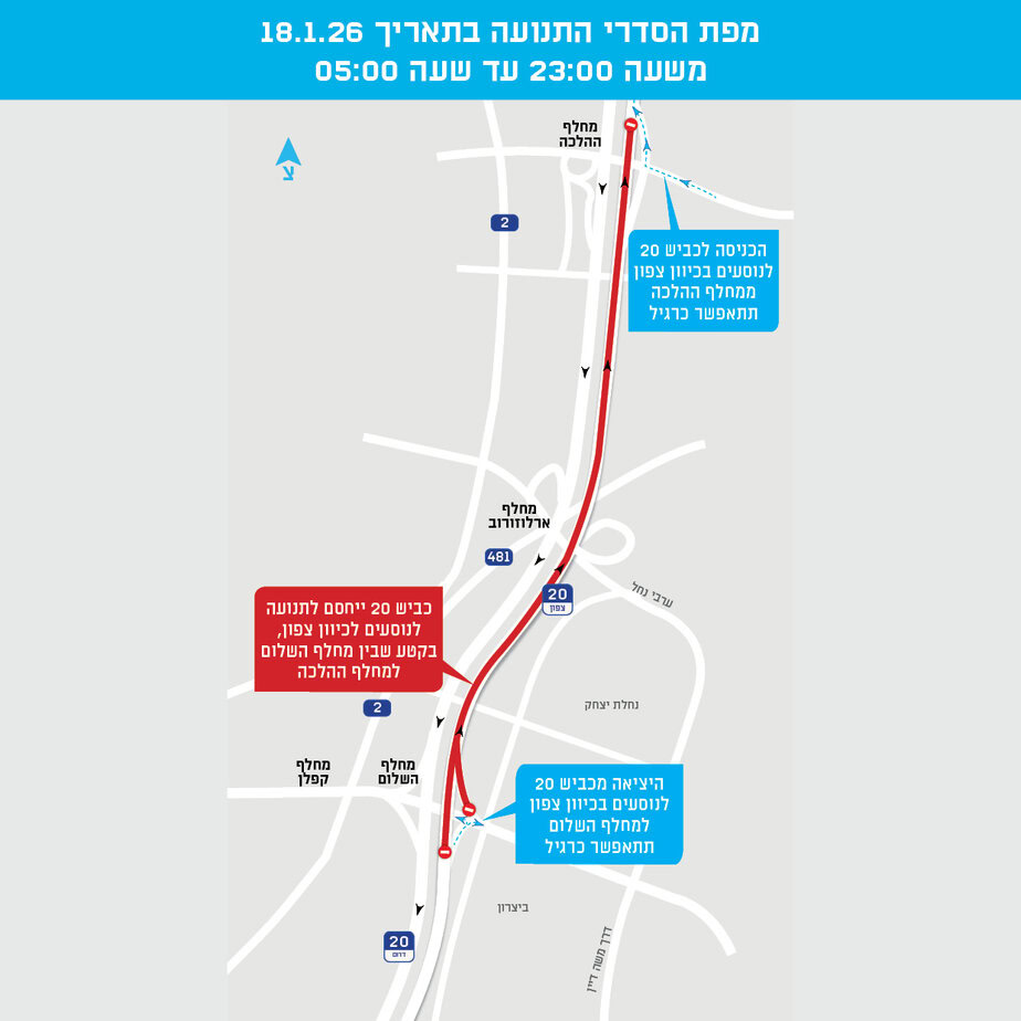 פרויקט גשר יצחק נבון- חסימה הרמטית באיילון צפון ממחלף השלום עד מחלף ההלכה. המפה המצורפת באדיבות חברת נתיבי איילון