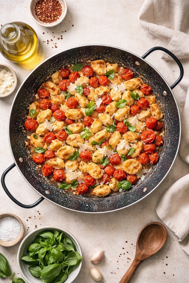 ניוקי זהוב עם עגבניות שרי מתפוצצות ושבבי פרמזן במחבת פאייה של סולתם, צילום יחצ (1)